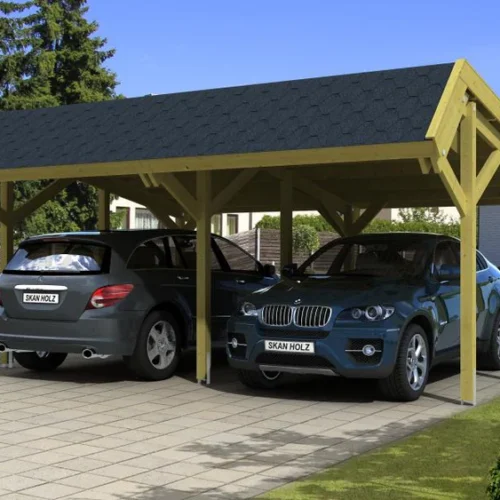 Skan Holz Carport Harz 624 x 560 cm mit schwarz Schindeln
