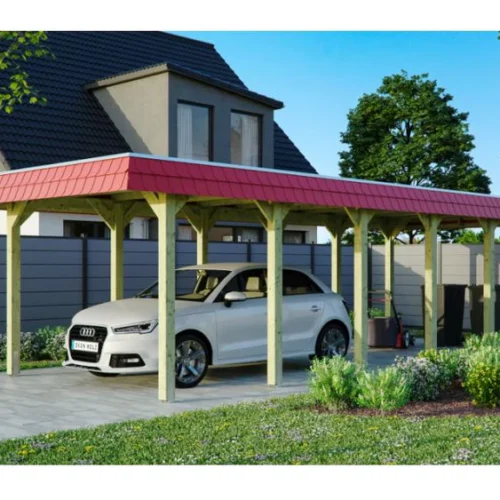 Skan Holz Carport Spreewald 345 x 893 cm mit roter Blende