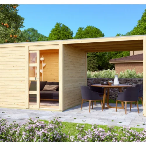 Karibu Gartenhaus Qubic natur mit Anbaudach
