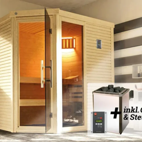 Weka Sauna Cubilis Eck 1, inkl. 4,5 kW Ofen inkl. digitaler Steuerung (OS), mit Glastür, Fenster und
