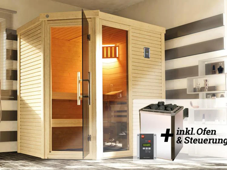Weka Sauna Cubilis Eck 1, inkl. 4,5 kW Ofen inkl. digitaler Steuerung (OS), mit Glastür, Fenster und
