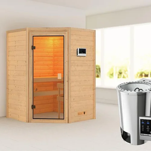 Karibu Sauna Antonia mit 3,6 kW Bioofen ext. Strg ohne Dachkranz 38 mm