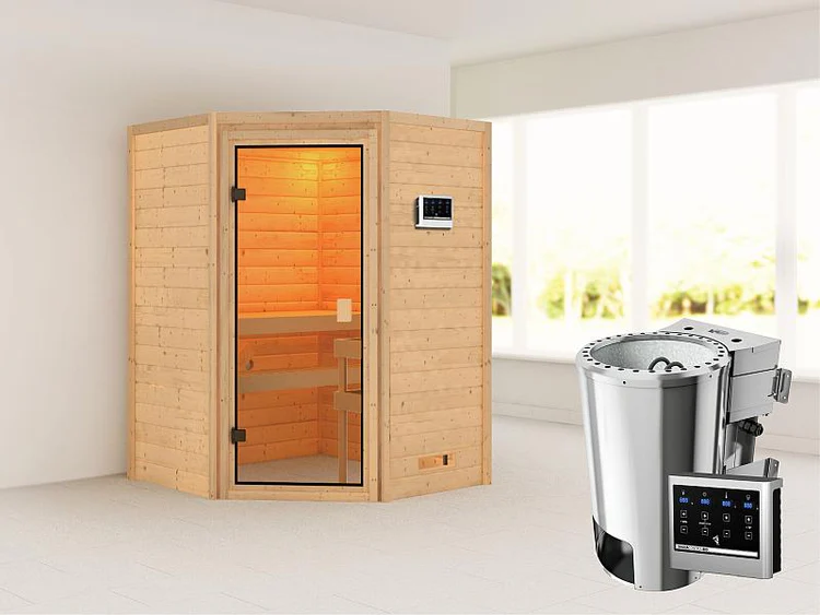 Karibu Sauna Antonia mit 3,6 kW Bioofen ext. Strg ohne Dachkranz 38 mm